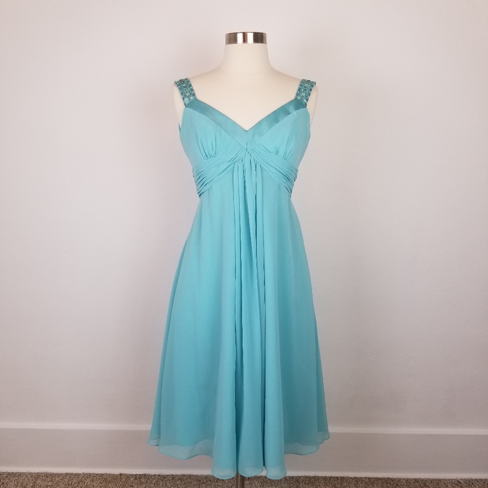 David's Bridal Short Bridesmaid Dress Blue F12899